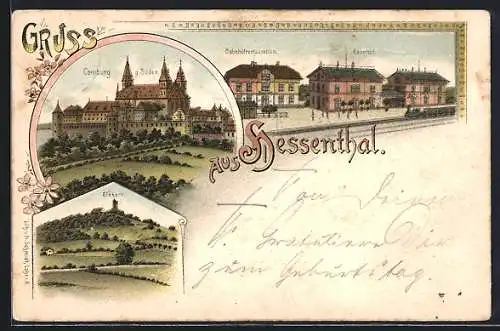 Lithographie Hessenthal / Schwäb. Hall, Bahnhof mit Restaurant, Comburg, Einkorn
