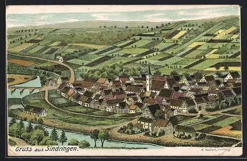 Lithographie Sindringen, Ortsansicht mit Umgebung aus der Vogelschau