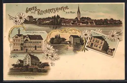 Lithographie Reichertshofen a. d. Paar, Gasthof Müllerbräu, Kunstmühle, K. Post