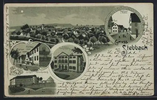 Mondschein-Lithographie Stebbach, Gasthaus zum Rössle, Hofgut Streichenberg, Schloss Schamberg