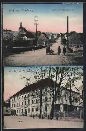 AK Kesselsdorf, Gasthof zu Kesselsdorf, Blick vom Kappelsberg in eine Strasse