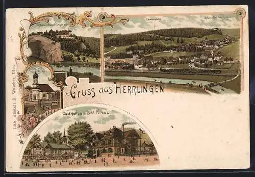 Lithographie Herrlingen, Gasthof zum goldenen Kreuz, Kirche