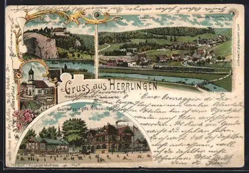 Lithographie Herrlingen, Gasthof zum goldenen Kreuz, Kirche, Schloss