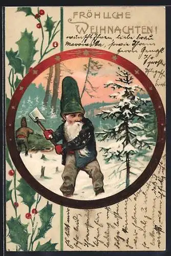 AK Zwerg fällt Tannenbaum im Schnnee