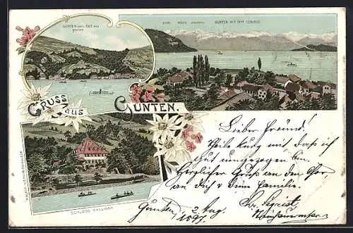 Lithographie Gunten, Ortsansicht vom See aus, Schloss Ralligen