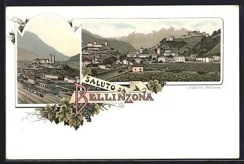 Lithographie Bellinzona, Teilansicht mit Festungen, Bahnhof