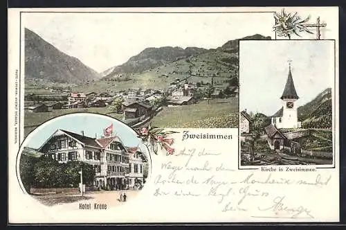 AK Zweisimmen, Hotel Krone, Kirche, Ortsansicht