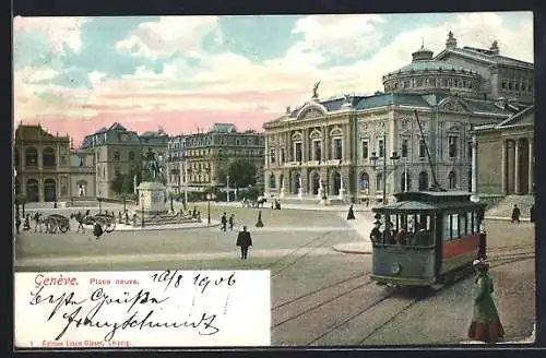AK Geneve, Place neuve, Strassenbahn