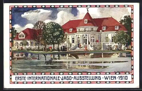 Künstler-AK H. Kalmsteiner: Wien, Erste Internationale Jagd-Ausstellung 1910, Deutsches Jagdschloss