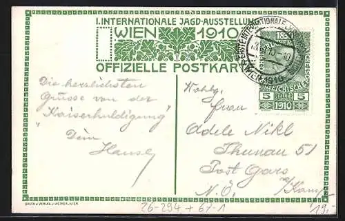 Künstler-AK H. Kalmsteiner: Wien, Erste Internationale Jagd-Ausstellung 1910, Deutsches Jagdschloss