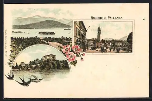 Lithographie Pallanza, Platz im Zentrum, See mit Inseln