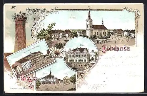 Lithographie Lazne Bohdanec, Mestranske a obecne skoly, Lazne, Radnice, Posta