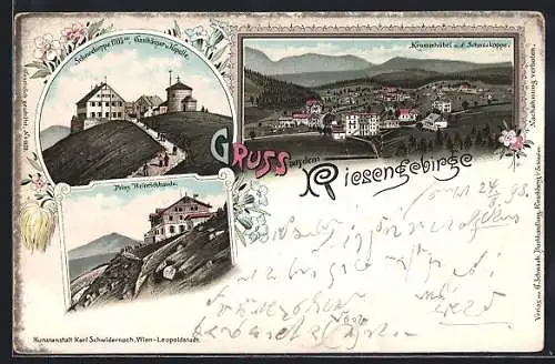 Lithographie Krummhübel, Ortsansicht mit der Schneekoppe, Gasthäuser Kapelle, Prinz Heinrichbaude