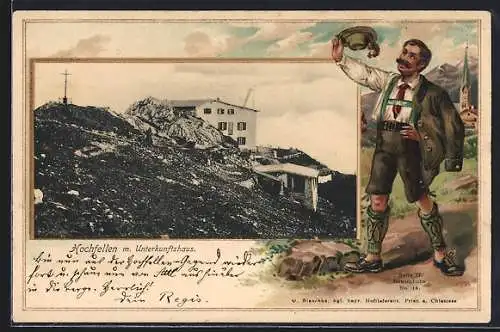 Passepartout-Lithographie Unterkunftshaus Hochfellen, Ansicht beim Gipfelkreuz