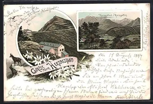 Lithographie Herzogstand-Berghütte, Blick auf Herzogstand und Heimgarten