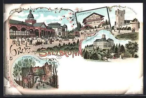 Lithographie Salzbrunn, Gasthof Schweizerei Idahof, Neue Elisenhalle