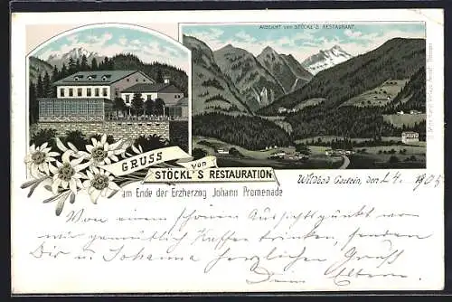 Lithographie Wildbad Gastein, Stöckl's Restauration, Aussicht von der Restauration auf gewaltiges Gebirgspanorama