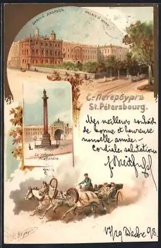 Lithographie St. Petersbourg, Palais d`Hiver, La colonne Alexandre