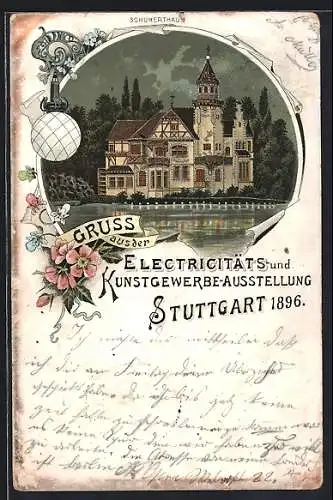 Lithographie Stuttgart, Electricitäts-und Kunstgewerbe-Ausstellung 1896, Schukerthaus bei Nacht