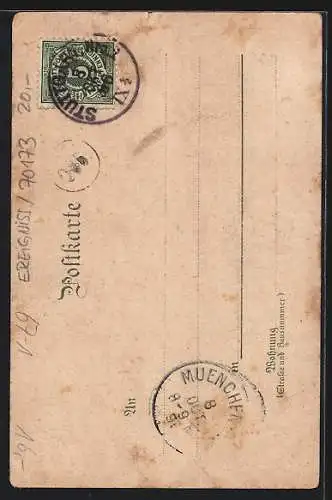 Lithographie Stuttgart, Electricitäts-und Kunstgewerbe-Ausstellung 1896, Schukerthaus bei Nacht