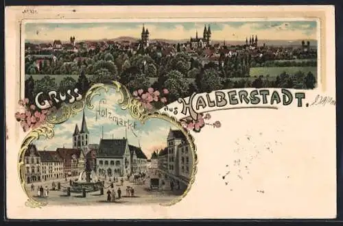Lithographie Halberstadt, Totalansicht, Holzmarkt