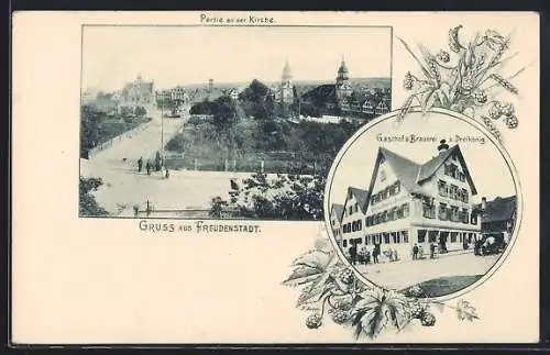 AK Freudenstadt, Gasthaus und Brauerei z. Dreikönig, Partie an der Kirche