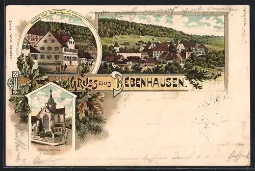 Lithographie Bebenhausen, Gasthof zum Waldhorn von H. Heinrich, Klosterkirche, Ortsansicht
