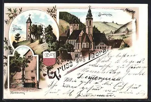 Lithographie Horb / Neckar, Marktbrunnen, Schütte und Stadtkirche