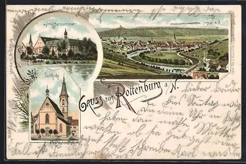 Künstler-AK Rottenburg / N., Domkirche, Priesterseminar & Ortsansicht