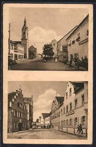 AK Ergoldsbach i. Ndb., Gasthaus mit Strassenpartie, Blick zur Kirche