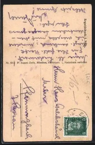 AK Ergoldsbach i. Ndb., Gasthaus mit Strassenpartie, Blick zur Kirche