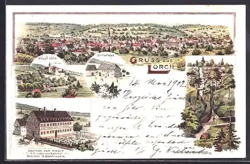 Lithographie Lorch / R., Gasthof zum Hirsch, Kloster, Schillerhaus, Ortsansicht