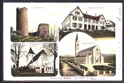 AK Salach, Rathaus und Schulhaus, Ruine Staufeneck, Kath. und protest. Kirchen
