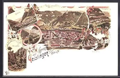Lithographie Geislingen a. d. Steige, Ansicht von oben, Rorgenstaig, Alb-Übergang, Wasserfall