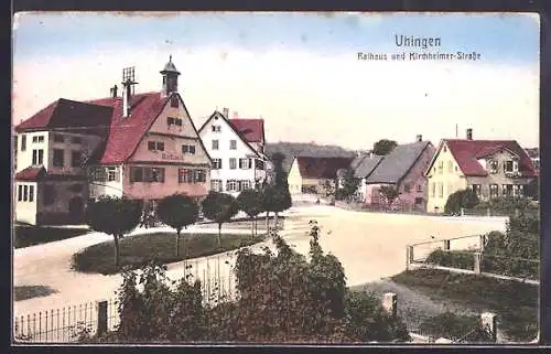 AK Uhingen, Partie in der Kirchheimer Strasse mit Rathaus