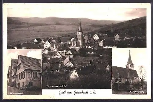 AK Grunbach i. R., Gasthaus, Kirchplatz und Gesamtansicht