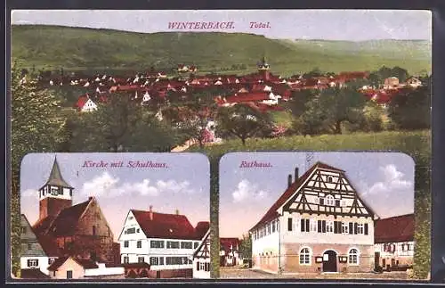 AK Winterbach / Remstal, Ortsansicht, Kirche mit Schulhaus, Rathaus