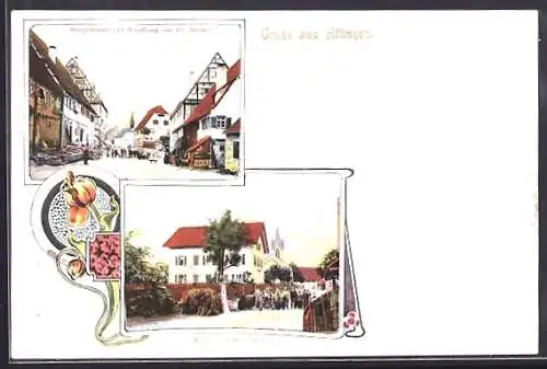 AK Altingen, Hauptstrasse und Geschäft von Fr. Berner, Kirche und Pfarrhaus