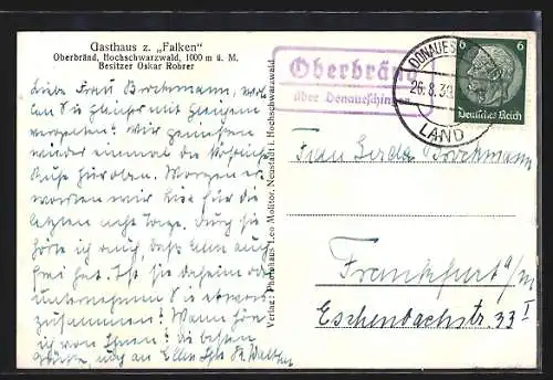 AK Oberbränd /Hochschwarzwald, Gasthaus zum Falken, Bes. Oskar Rohrer