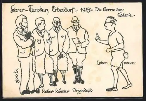 Künstler-AK Erbendorf, Lehrer-Turnkurs 1925, Die Herren der Galerie / Beim Studienrat, Karikatur
