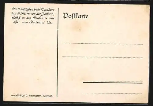Künstler-AK Erbendorf, Lehrer-Turnkurs 1925, Die Herren der Galerie / Beim Studienrat, Karikatur