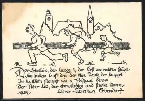 Künstler-AK Erbendorf, Lehrer-Turnkurs 1925, Lehrer beim Laufen vor Kirchenpanorama, Karikatur