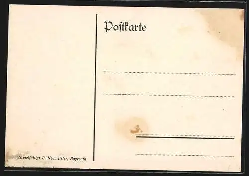 Künstler-AK Erbendorf, Lehrer-Turnkurs 1925, Lehrer beim Laufen vor Kirchenpanorama, Karikatur