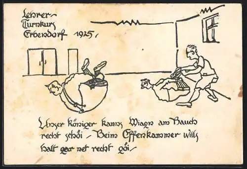Künstler-AK Erbendorf, Lehrer-Turnkurs 1925, In der Turnhalle, Karikatur