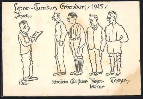 Künstler-AK Erbendorf, Lehrer-Turnkurs 1925, Beim Appell, Karikatur