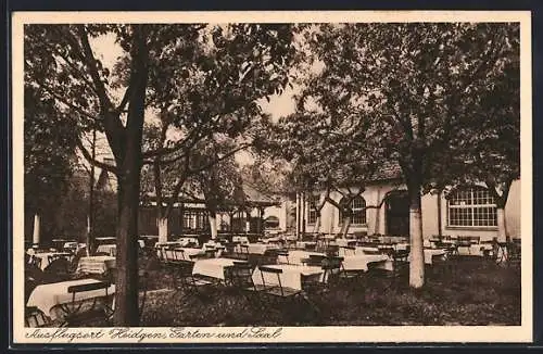AK Köln-Dellbrück, Ausflugsort Heidgen, Inh. Ferd. Griess, Garten und Saal