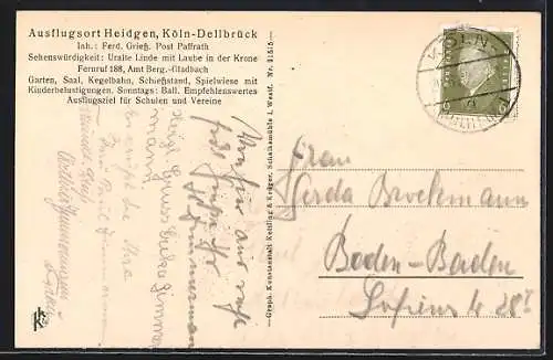 AK Köln-Dellbrück, Ausflugsort Heidgen, Inh. Ferd. Griess, Garten und Saal