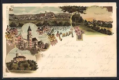 Lithographie Cham, Totalansicht, Schloss Thierlstein, Hauptplatz