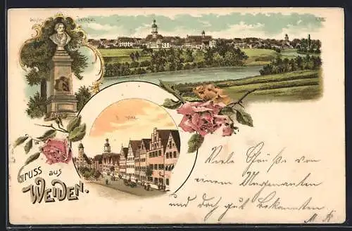 Lithographie Weiden / Oberpfalz, Blick auf den Ort, Strassenpartie, Rosen