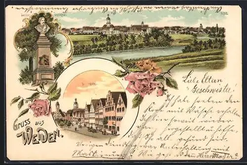 Lithographie Weiden / Oberpfalz, Blick auf den Ort, Strassenpartie, Rosen